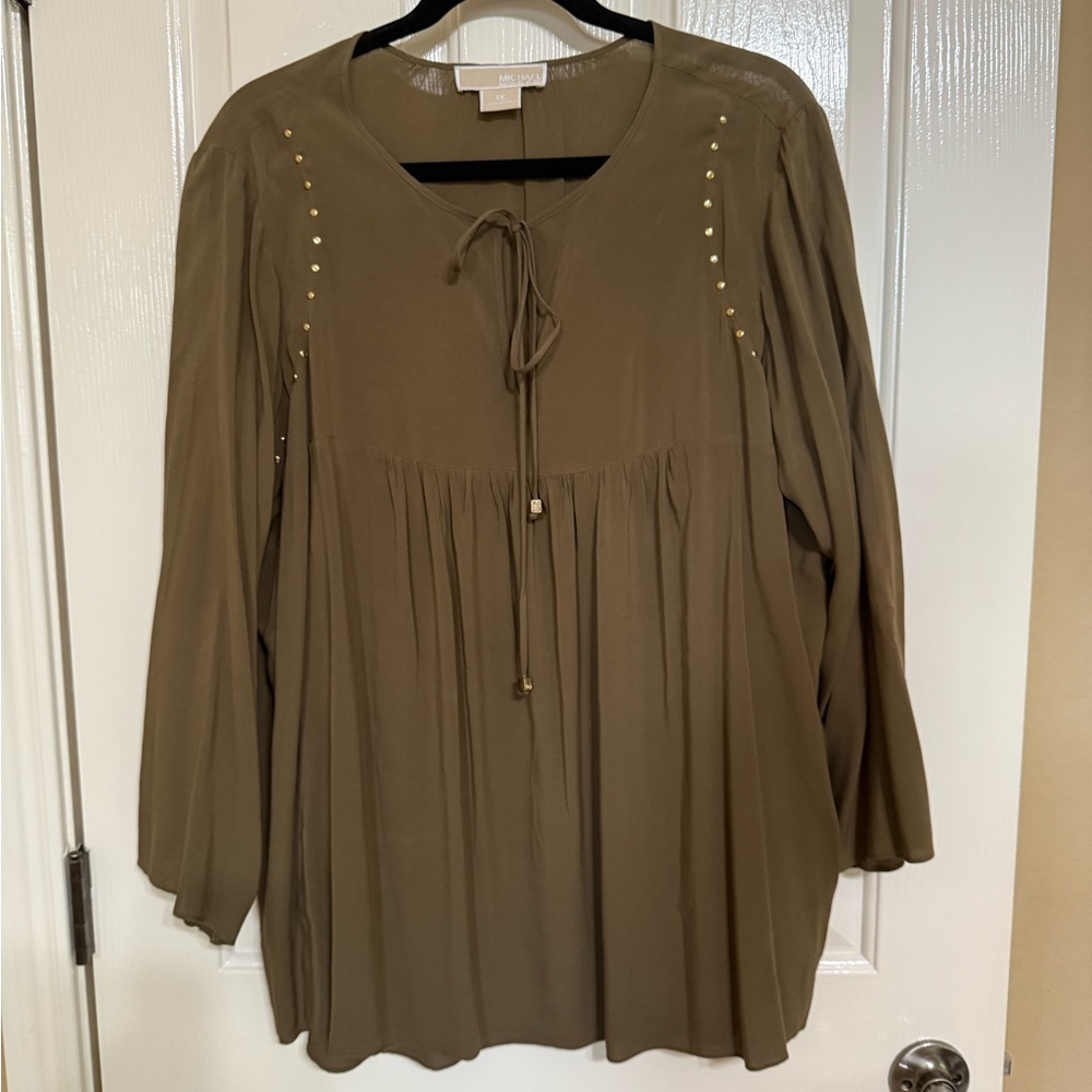 Michael Kors Green 3/4 Sleeve Tie Front Blouse